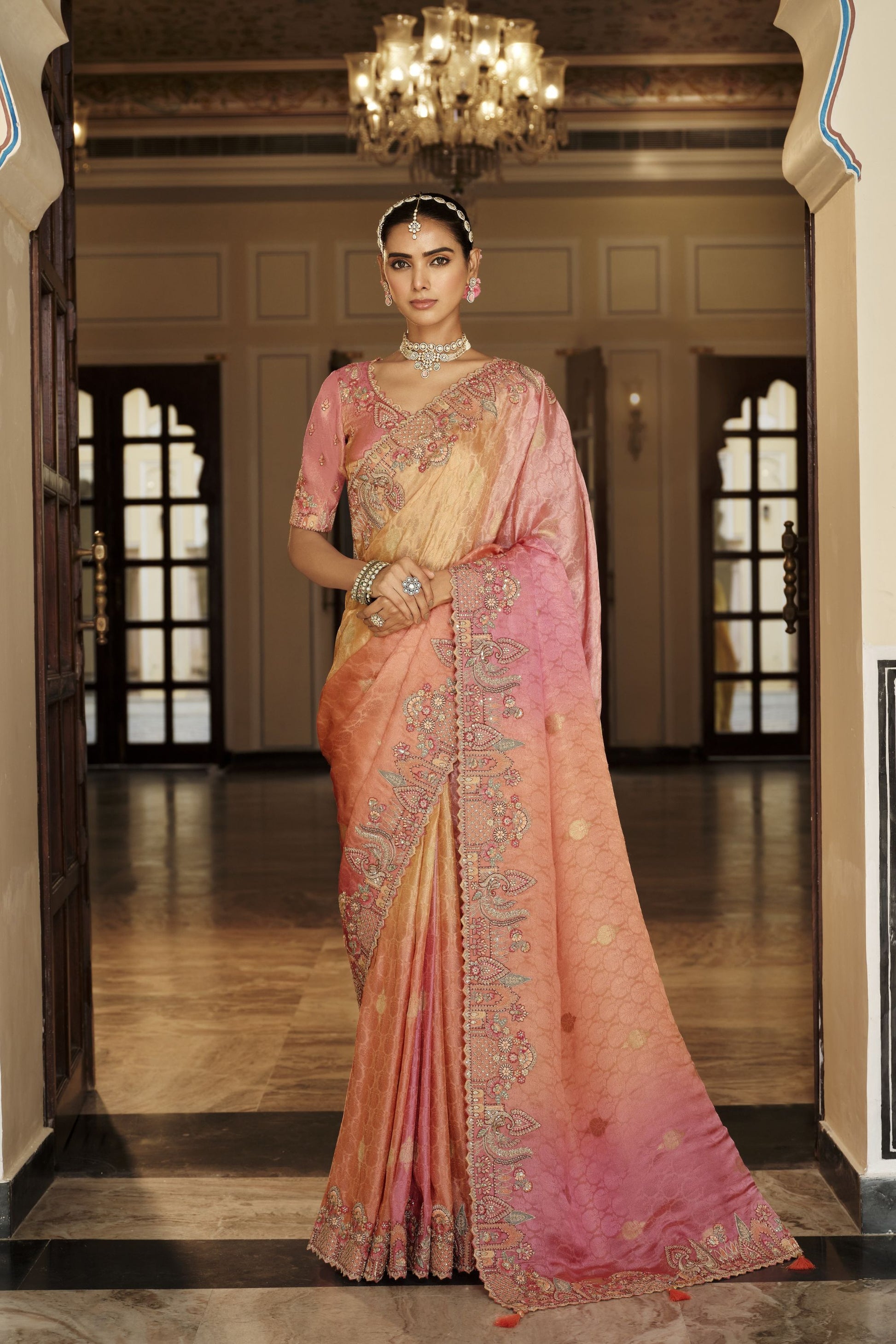 Peach Pink Golden Silk Blend Designer Saree Embroidery Border 
