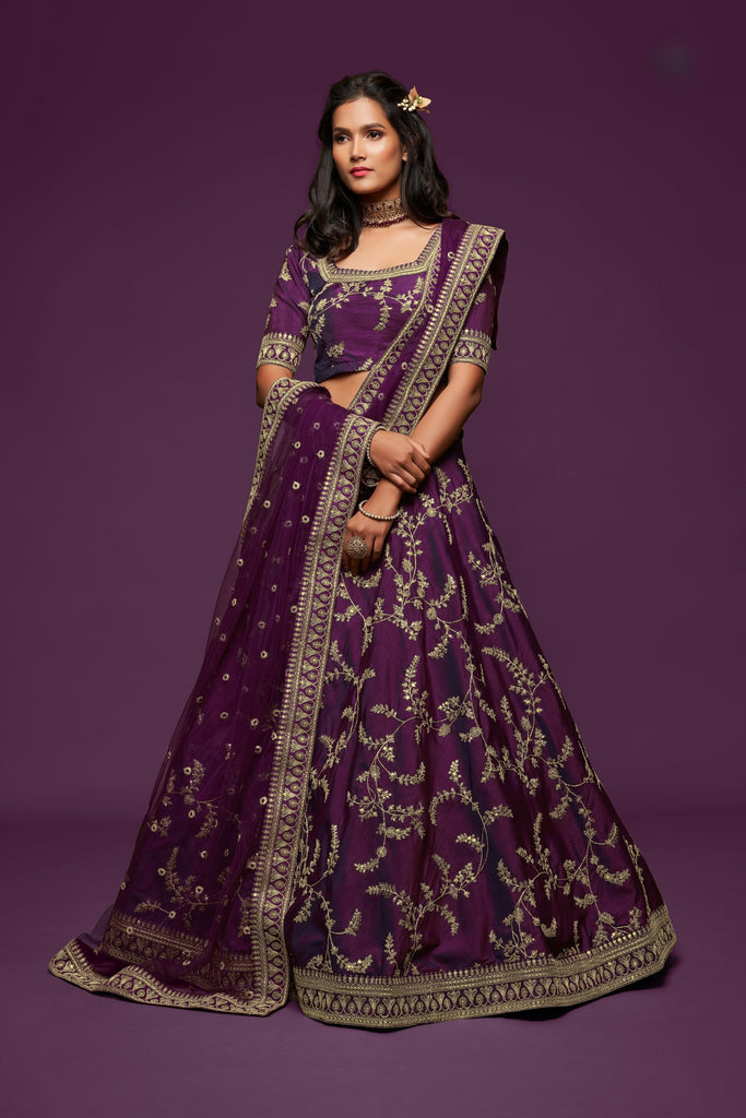 Stylish Purple Art Silk Heavy Embroidered Lehenga Choli with Soft Net Dupatta for Wedding