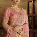 Peach Pink Golden Silk Blend Designer Saree Embroidery Border