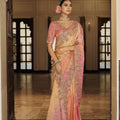 Peach Pink Golden Silk Blend Designer Saree Embroidery Border