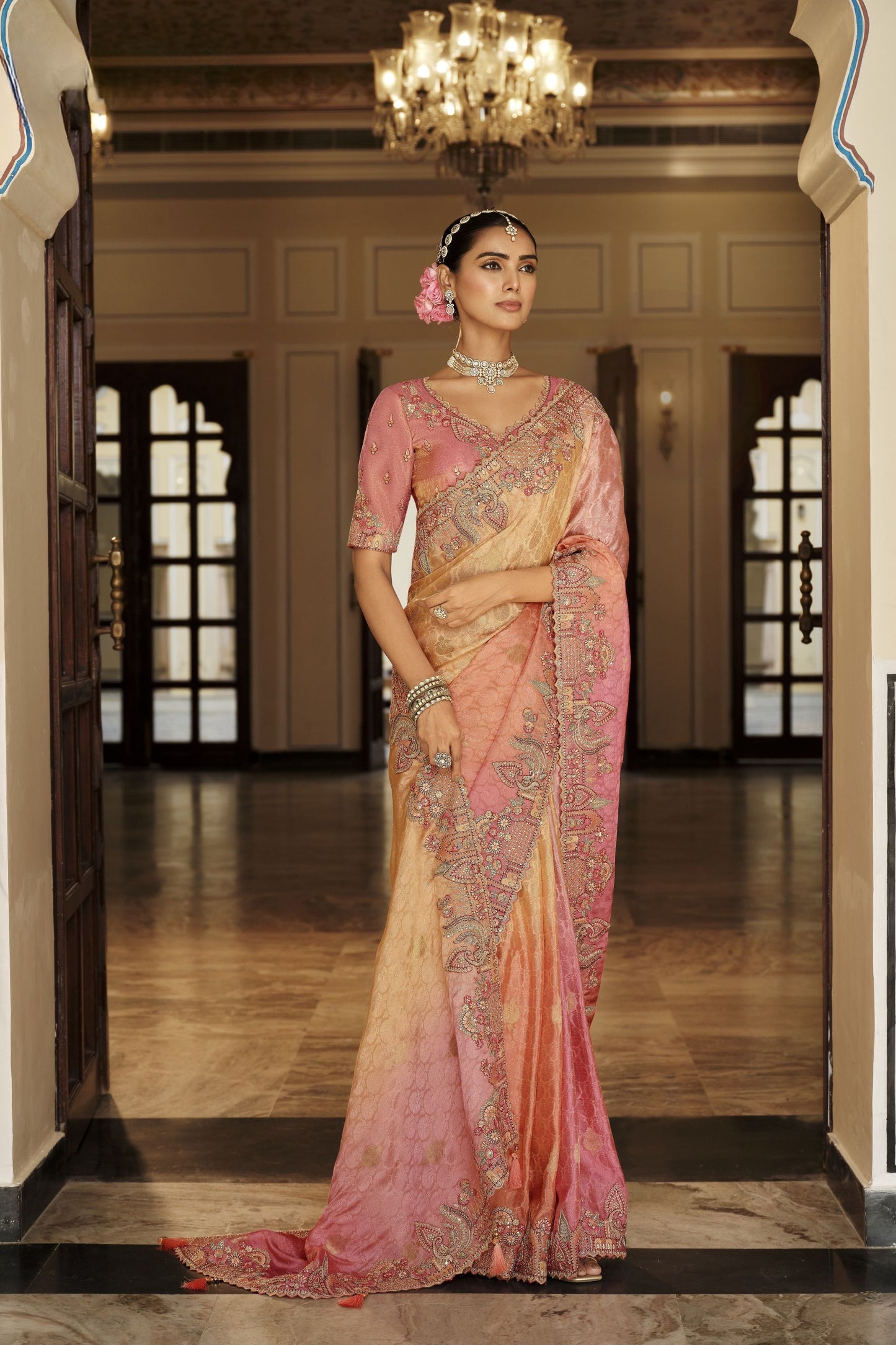 Peach Pink Golden Silk Blend Designer Saree Embroidery Border