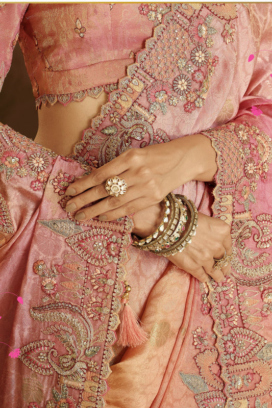 Peach Pink Golden Silk Blend Designer Saree Embroidery Border