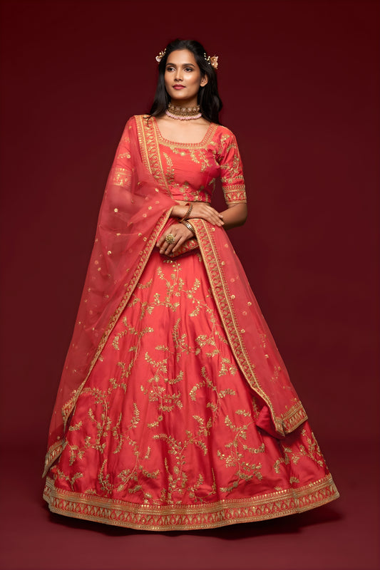 Amazing Peach Pink Art Silk Heavy Embroidered Lehenga Choli with Soft Net Dupatta for Wedding