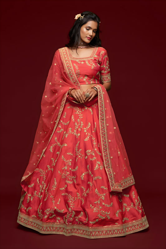 Amazing Peach Pink Art Silk Heavy Embroidered Lehenga Choli with Soft Net Dupatta for Wedding