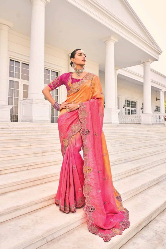 Designer Pink & Orange Silk Saree with Embroidery