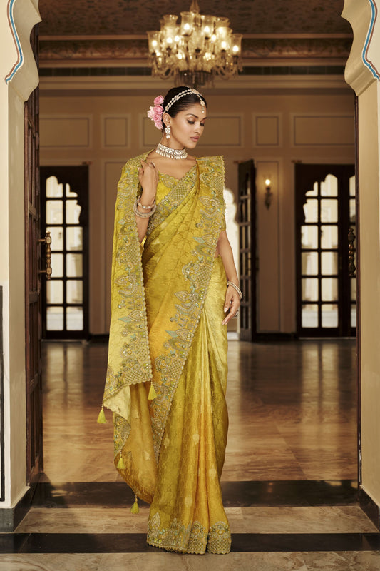 Olive Mustard Green Silk Blend Designer Saree with Heavy Embroidery Border