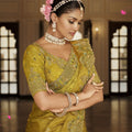 Olive Mustard Green Silk Blend Designer Saree with Heavy Embroidery Border