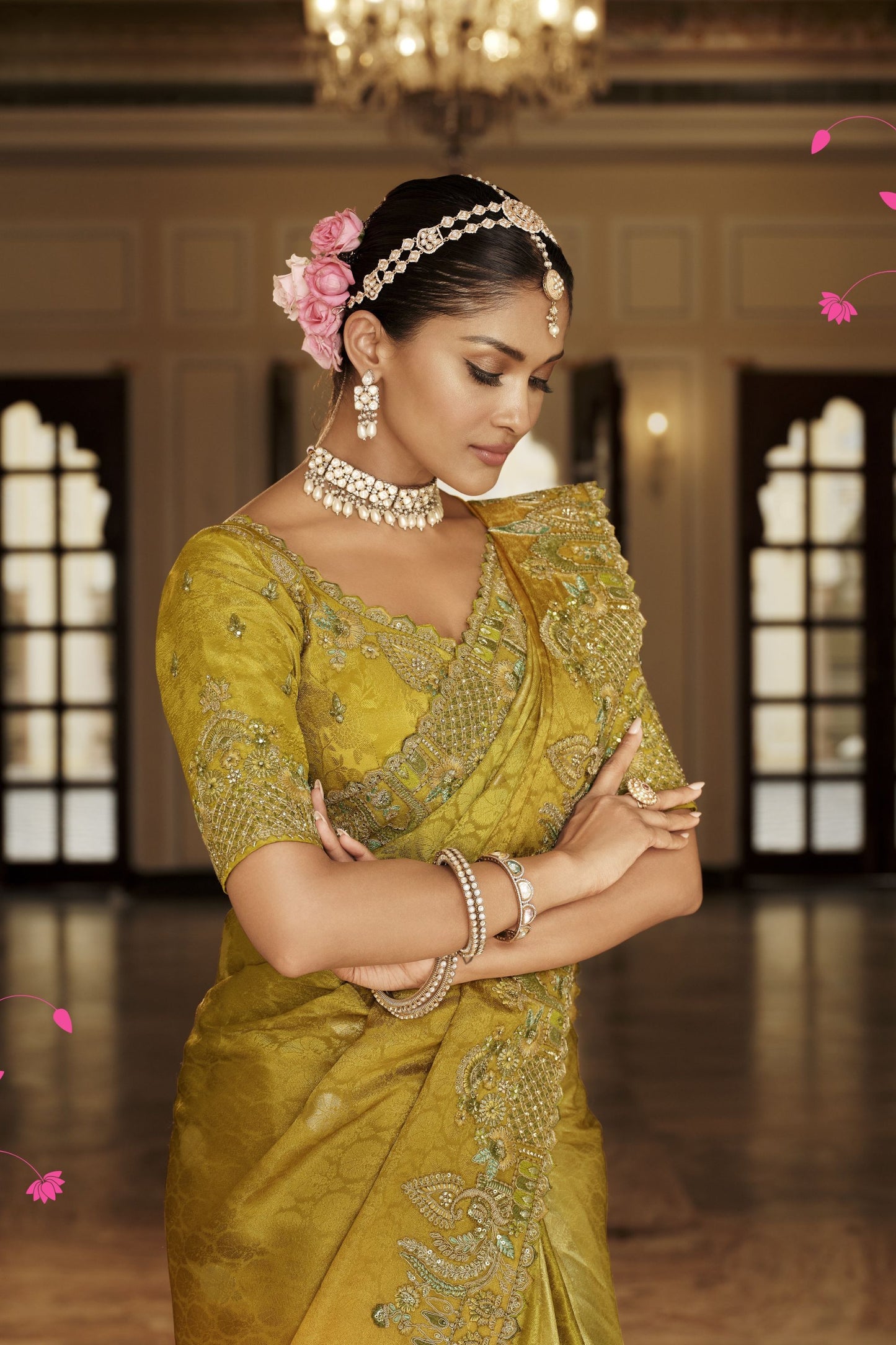 Olive Mustard Green Silk Blend Designer Saree with Heavy Embroidery Border