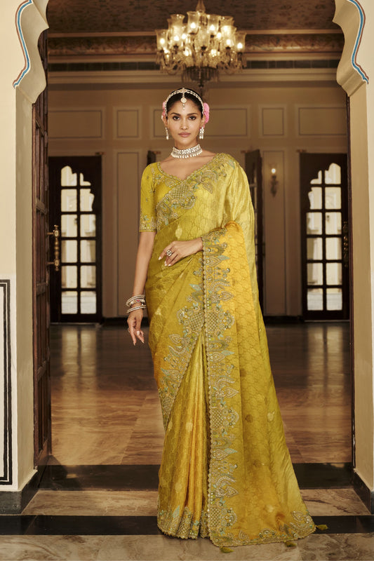 Olive Mustard Green Silk Blend Designer Saree with Heavy Embroidery Border