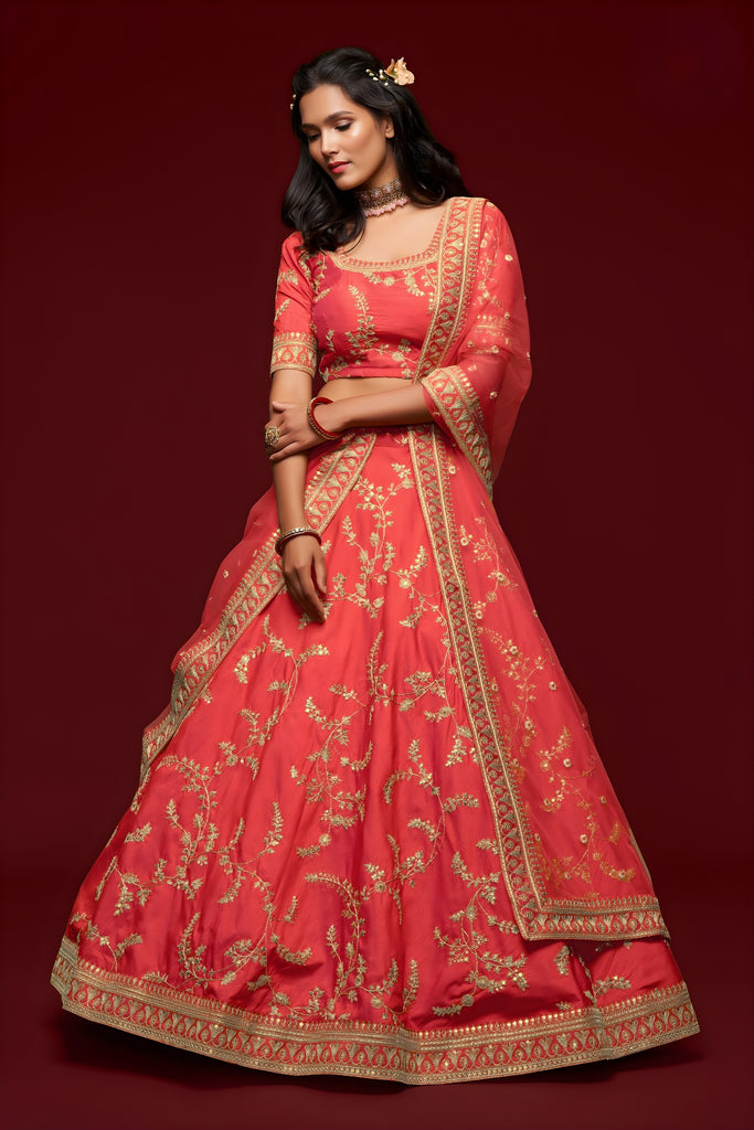 Amazing Peach Pink Art Silk Heavy Embroidered Lehenga Choli with Soft Net Dupatta for Wedding