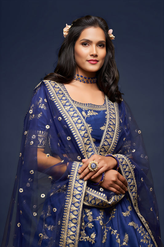 Elegant Royal Blue Art Silk Heavy Embroidered Lehenga Choli with Soft Net Dupatta for Wedding