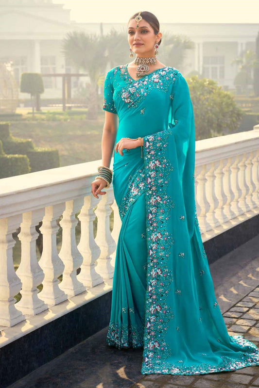 Teal Blue Designer Saree with Floral Embroidery Work