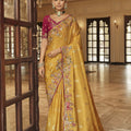 Golden Yellow Silk Blend Designer Saree with Maroon Blouse 