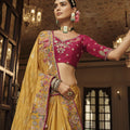 Golden Yellow Silk Blend Designer Saree with Maroon Blouse