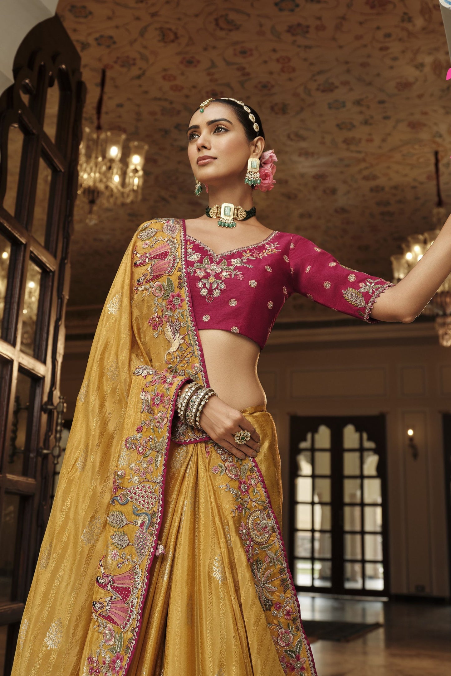 Golden Yellow Silk Blend Designer Saree with Maroon Blouse