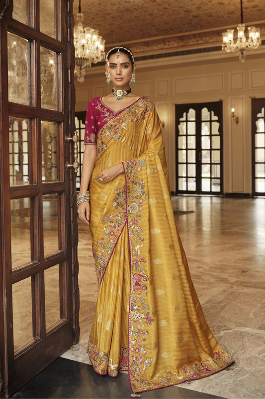 Golden Yellow Silk Blend Designer Saree with Maroon Blouse 