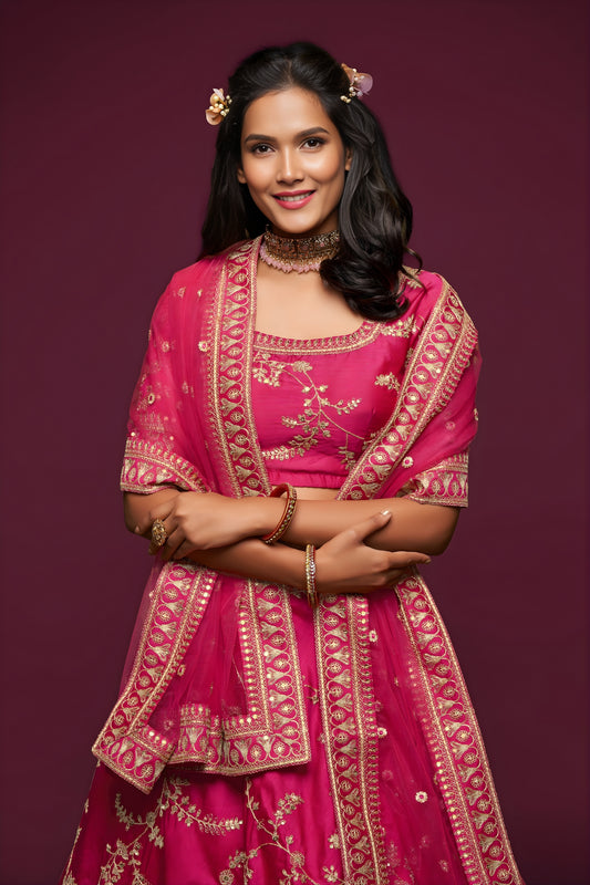 Lovely Rani Pink Art Silk Heavy Embroidered Lehenga Choli with Soft Net Dupatta for Wedding