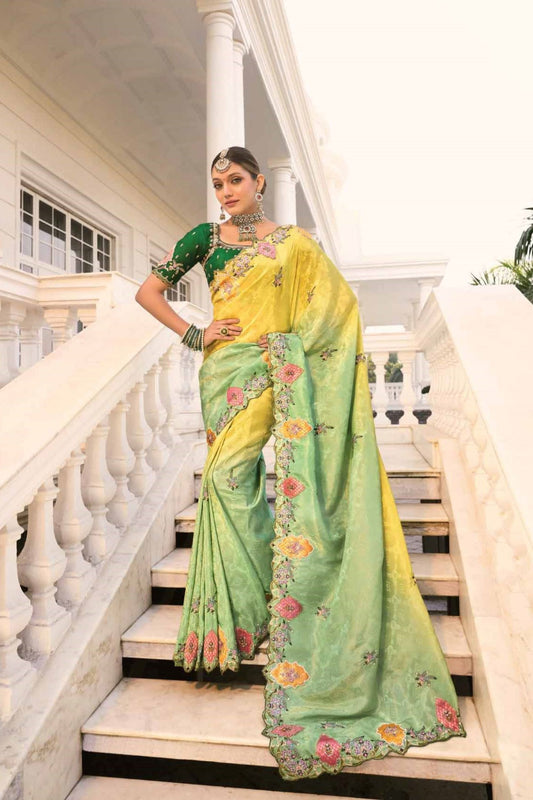 Green & Yellow Silk Saree with Embroidered Border Work