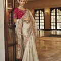 Ivory Cream Silk Blend Designer Saree Maroon Blouse And Embroidery Border
