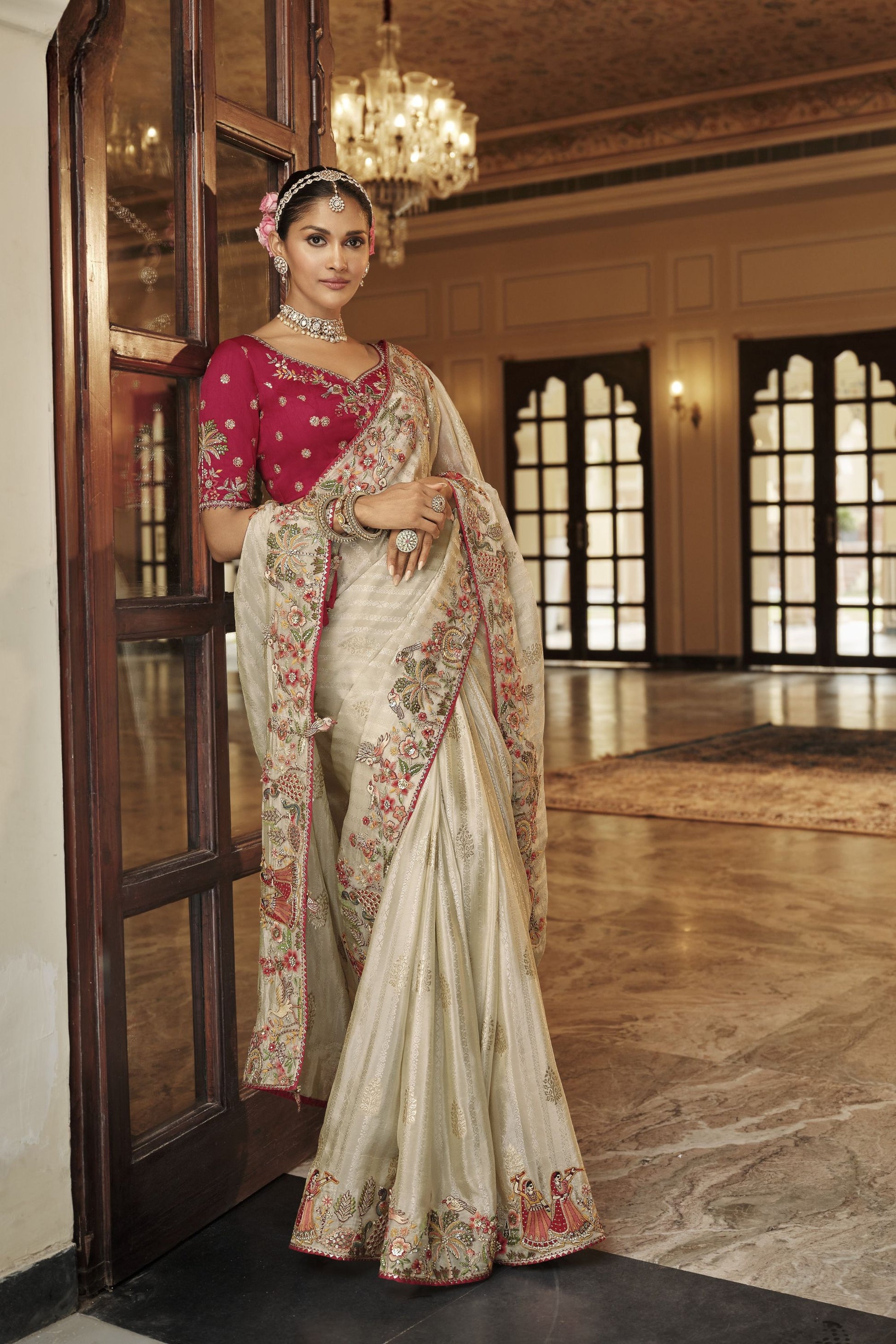Ivory Cream Silk Blend Designer Saree Maroon Blouse And Embroidery Border