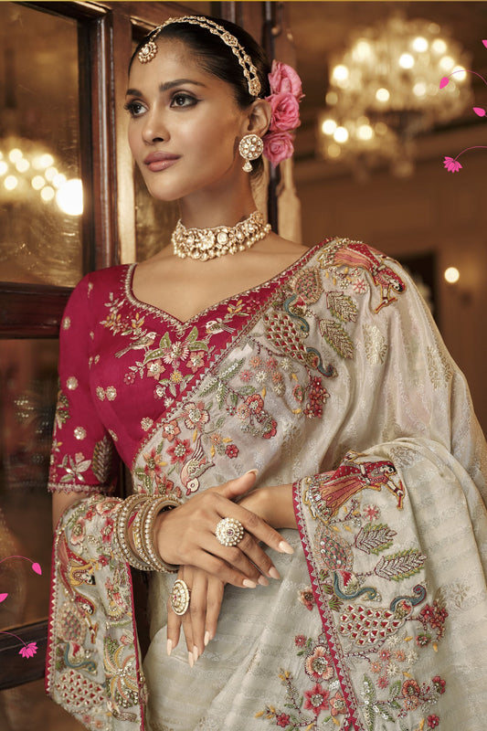 Ivory Cream Silk Blend Designer Saree Maroon Blouse And Embroidery Border