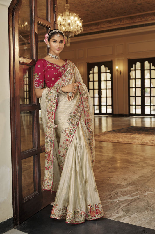 Ivory Cream Silk Blend Designer Saree Maroon Blouse And Embroidery Border