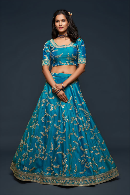 Adorable Turquoise Blue Art Silk Heavy Embroidered Lehenga Choli with Soft Net Dupatta