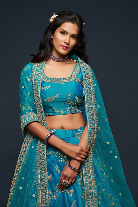 Adorable Turquoise Blue Art Silk Heavy Embroidered Lehenga Choli with Soft Net Dupatta