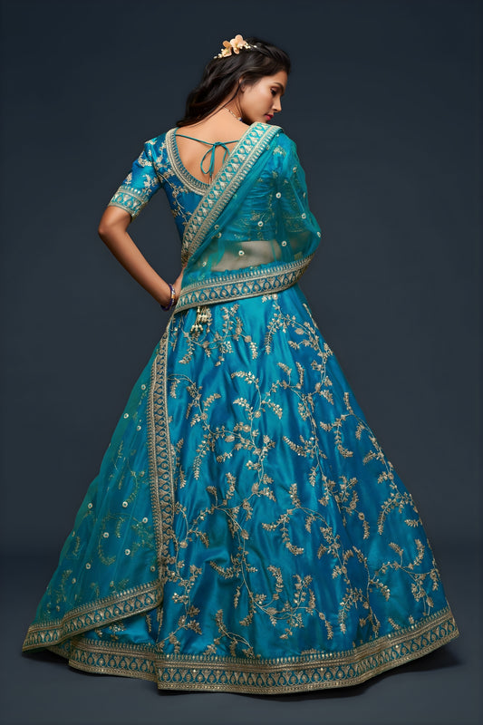 Adorable Turquoise Blue Art Silk Heavy Embroidered Lehenga Choli with Soft Net Dupatta
