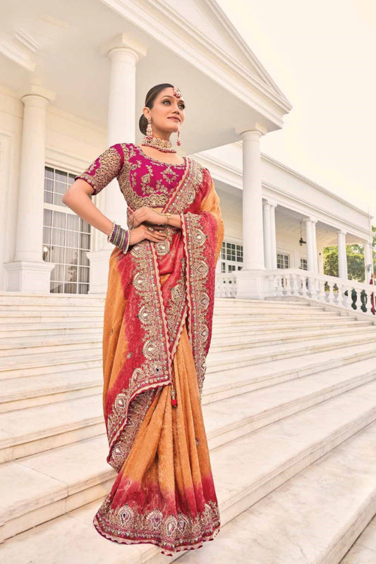 Rust Orange & Maroon Silk Saree with Heavy Embroidery