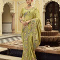 Pistachio Green Silk Blend Designer Saree with Peacock Motif Embroidery Border 