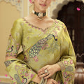 Pistachio Green Silk Blend Designer Saree with Peacock Motif Embroidery Border