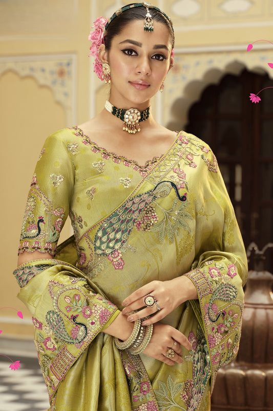 Pistachio Green Silk Blend Designer Saree with Peacock Motif Embroidery Border