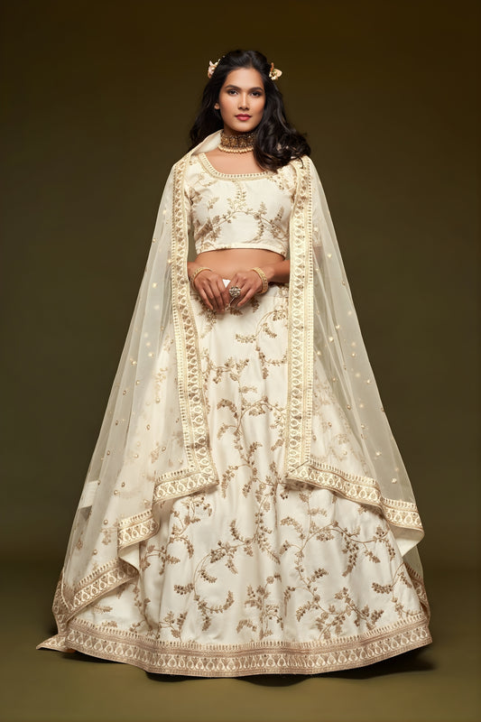 Impressive Off White Art Silk Heavy Embroidered Lehenga Choli with Soft Net Dupatta for Wedding