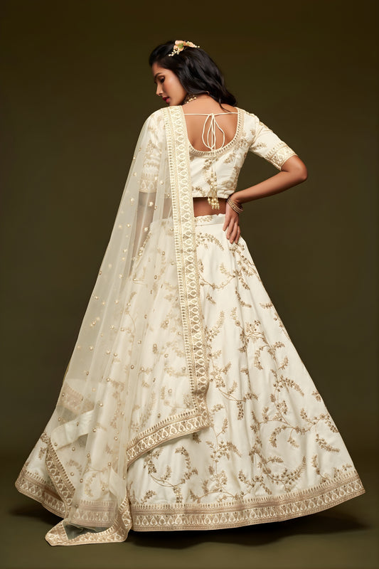 Impressive Off White Art Silk Heavy Embroidered Lehenga Choli with Soft Net Dupatta for Wedding