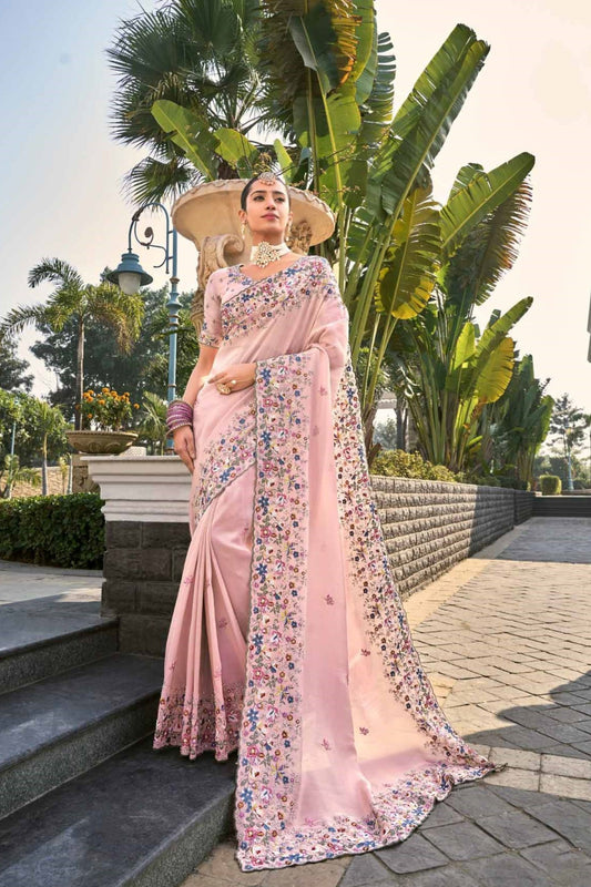 Baby Pink Designer Saree with Multicolor Floral Embroidery