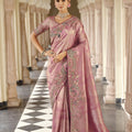 Dusty Rose Pink Silk Blend Designer Saree with Peacock Motif Embroidery Border