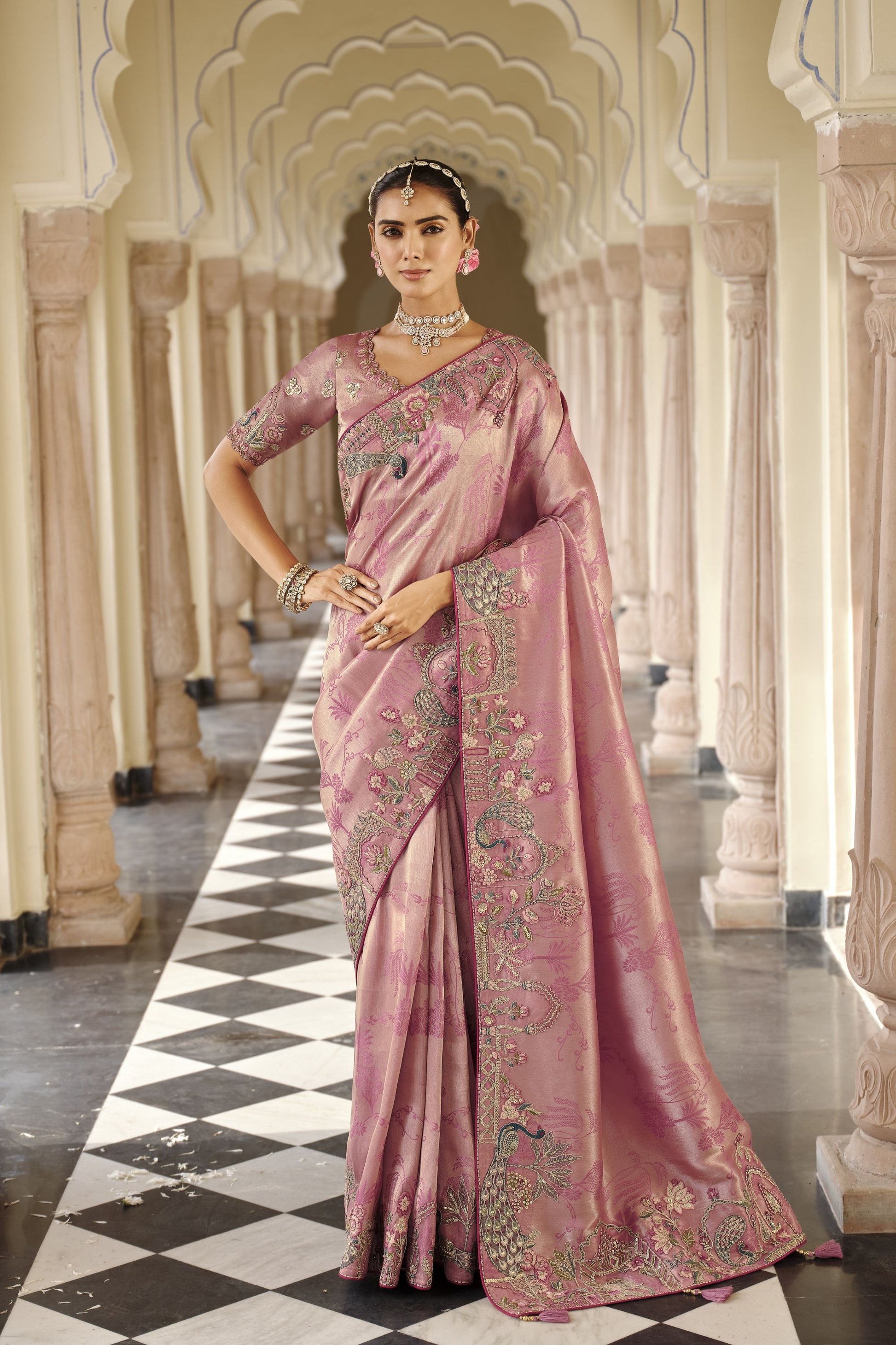 Dusty Rose Pink Silk Blend Designer Saree with Peacock Motif Embroidery Border