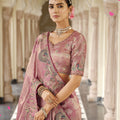 Dusty Rose Pink Silk Blend Designer Saree with Peacock Motif Embroidery Border