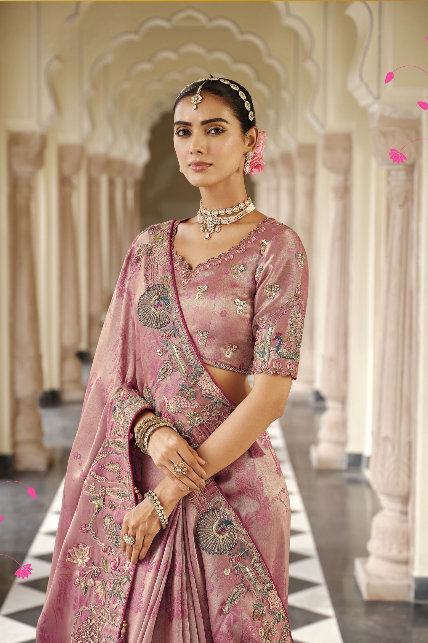 Dusty Rose Pink Silk Blend Designer Saree with Peacock Motif Embroidery Border