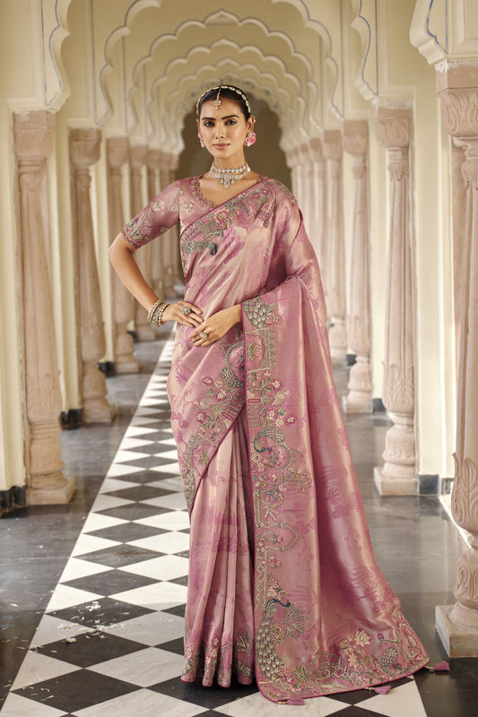 Dusty Rose Pink Silk Blend Designer Saree with Peacock Motif Embroidery Border