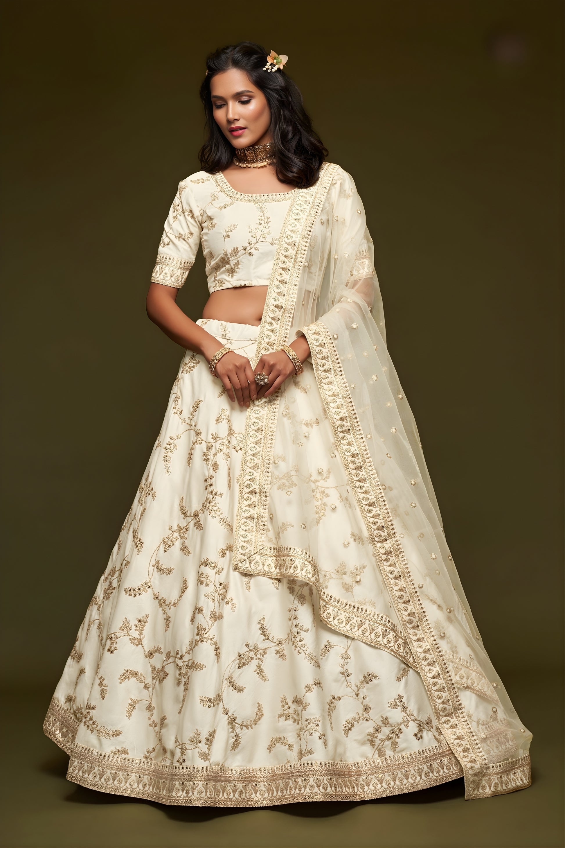 Impressive Off White Art Silk Heavy Embroidered Lehenga Choli with Soft Net Dupatta for Wedding