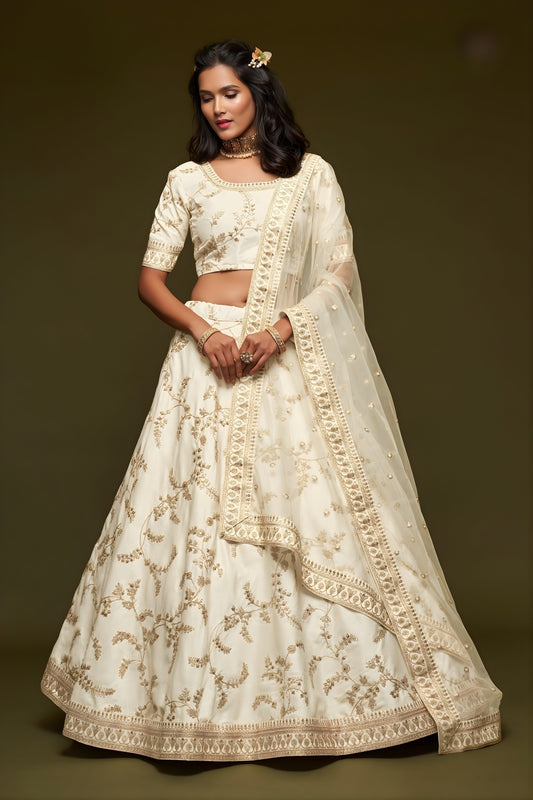 Impressive Off White Art Silk Heavy Embroidered Lehenga Choli with Soft Net Dupatta for Wedding