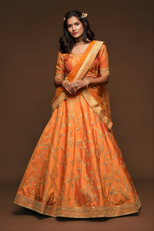 Beautiful Orange Art Silk Heavy Embroidered Lehenga Choli with Soft Net Dupatta for Wedding