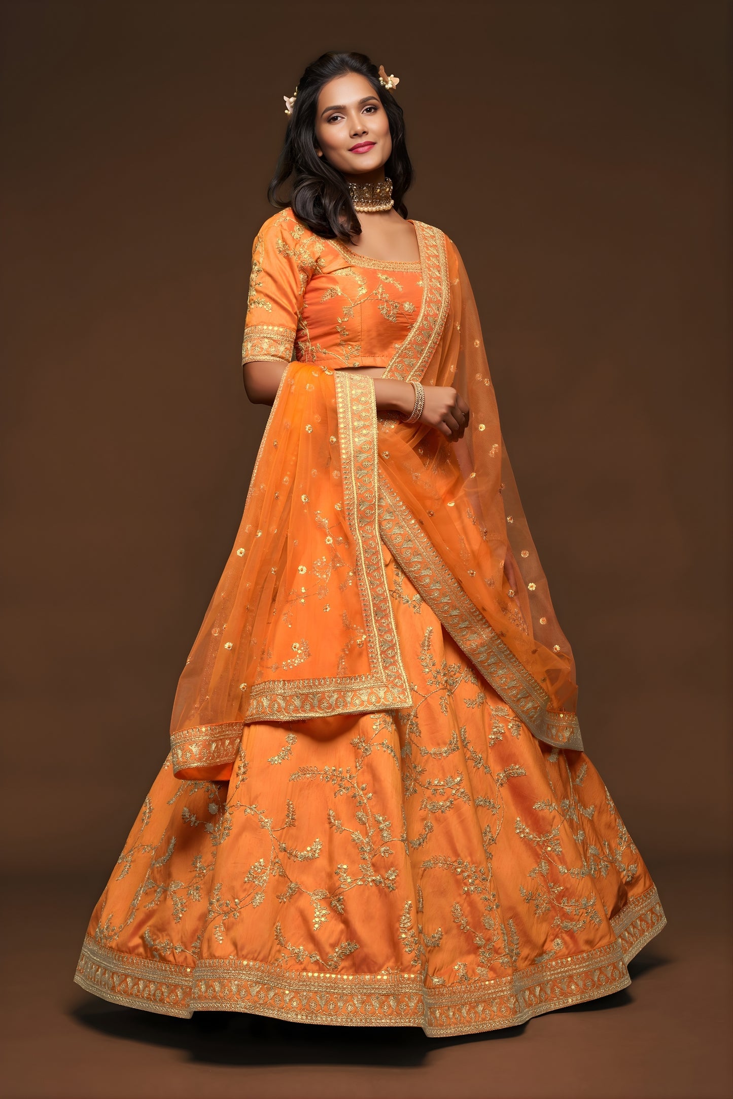 Beautiful Orange Art Silk Heavy Embroidered Lehenga Choli with Soft Net Dupatta for Wedding
