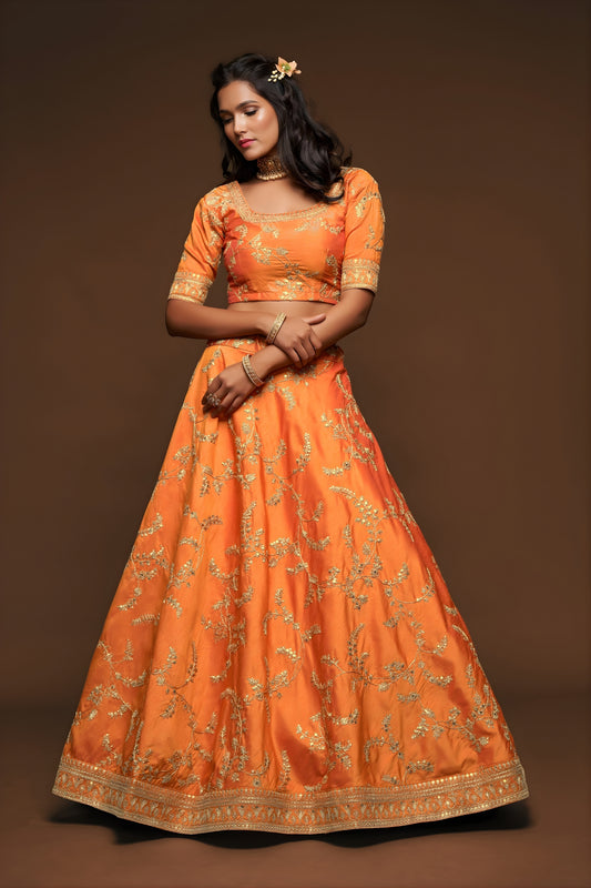 Beautiful Orange Art Silk Heavy Embroidered Lehenga Choli with Soft Net Dupatta for Wedding