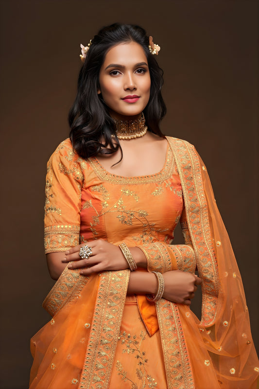 Beautiful Orange Art Silk Heavy Embroidered Lehenga Choli with Soft Net Dupatta for Wedding