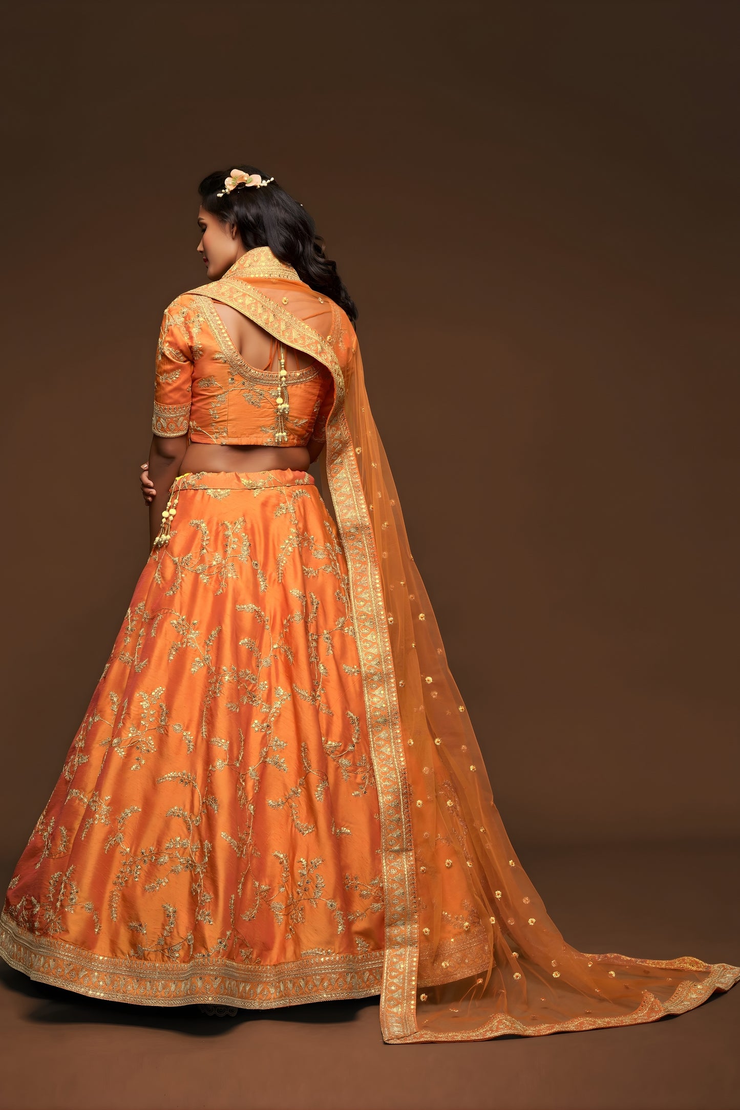 Beautiful Orange Art Silk Heavy Embroidered Lehenga Choli with Soft Net Dupatta for Wedding