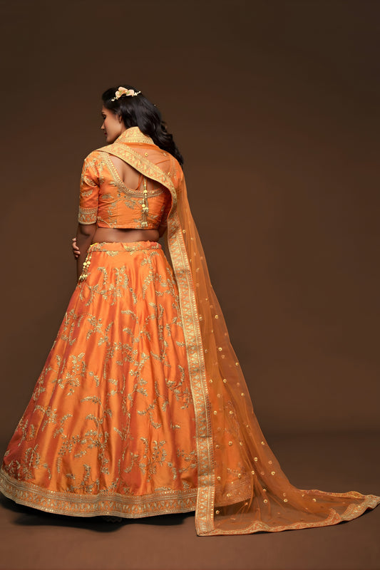 Beautiful Orange Art Silk Heavy Embroidered Lehenga Choli with Soft Net Dupatta for Wedding