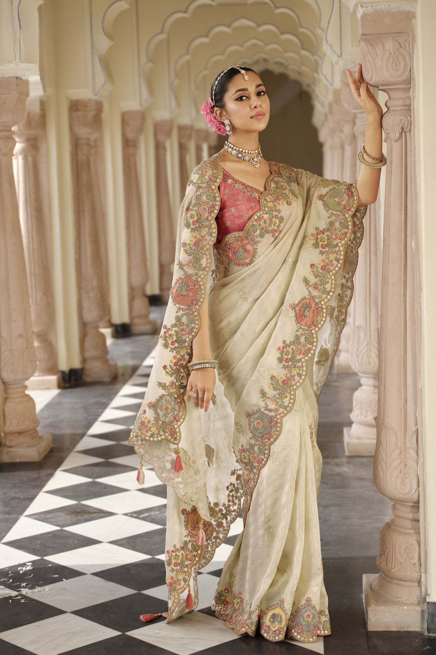 Ivory Organza Saree Embroidery Scalloped Border Designer Saree 